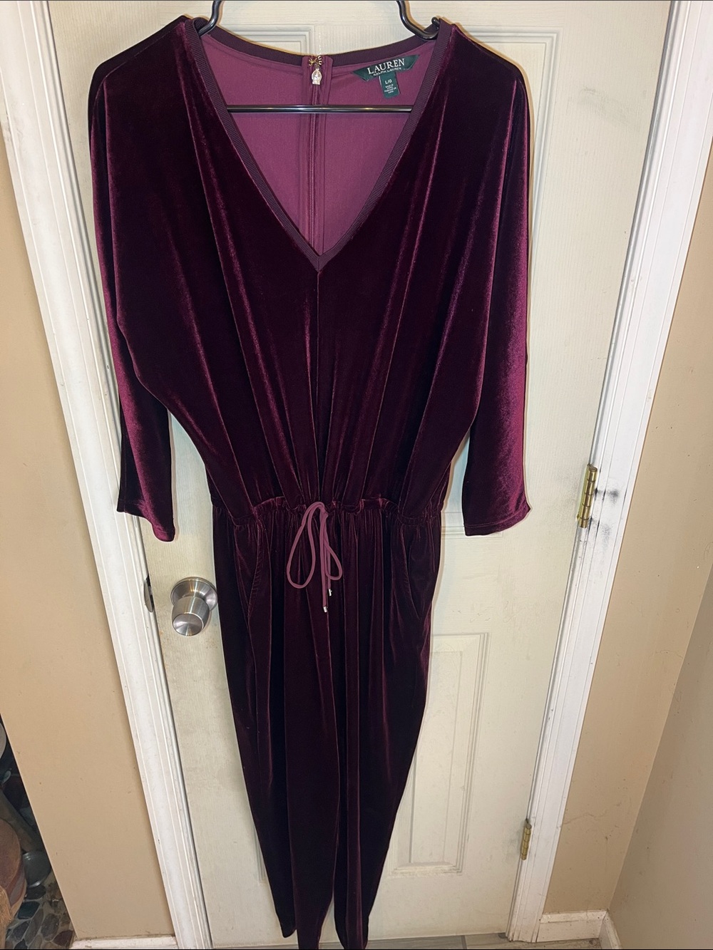 Lauren Ralph Lauren Velvet V-Neck Tie-Waist Jumpsuit Burgundy Plum size large